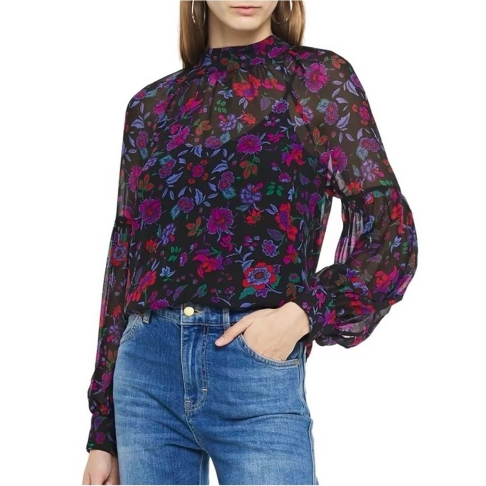 Veronica Beard Cicely Silk Floral Blouse Victorian Sheer Poet Sleeve Top Size 10